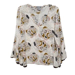 Kenar L Women's Cream Gray Floral V Neck Bell Sleeve Blouse Top